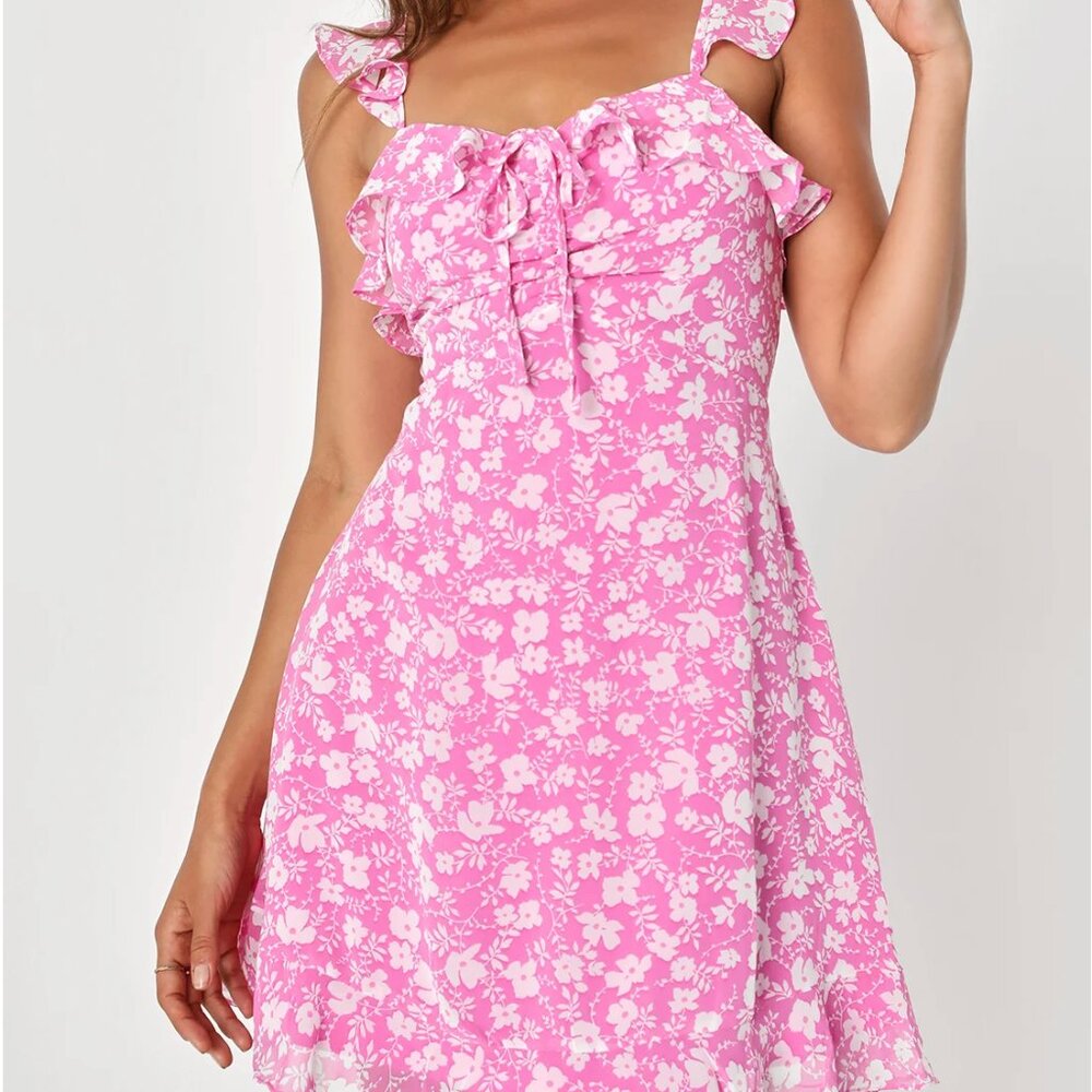 LULUS - Livi Pink Floral Print Ruffled Skater Dress